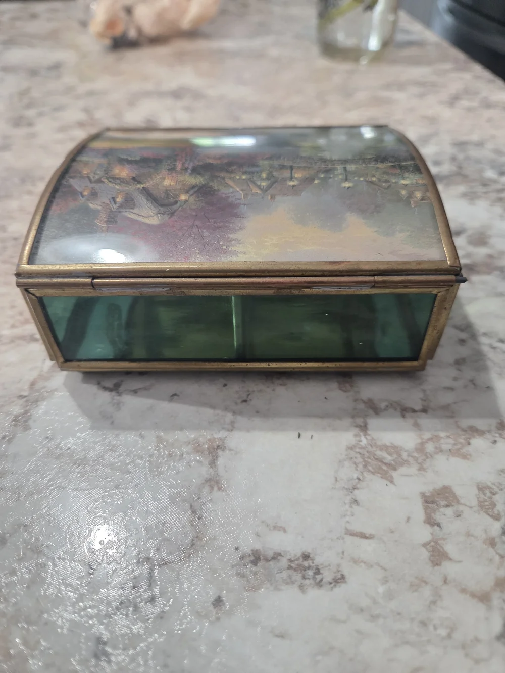 Small Vintage Thomas Kinkade “Painter Of Light” Ensco Trinket Box Brass / Glass